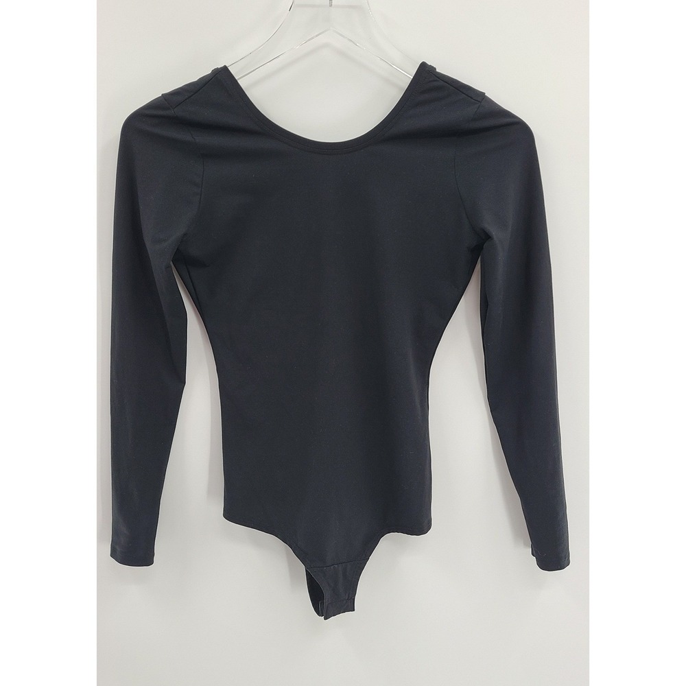 SPANX Black Long Sleeve Thong Bodysuit Top Women Size Small Athleisure Shapewear